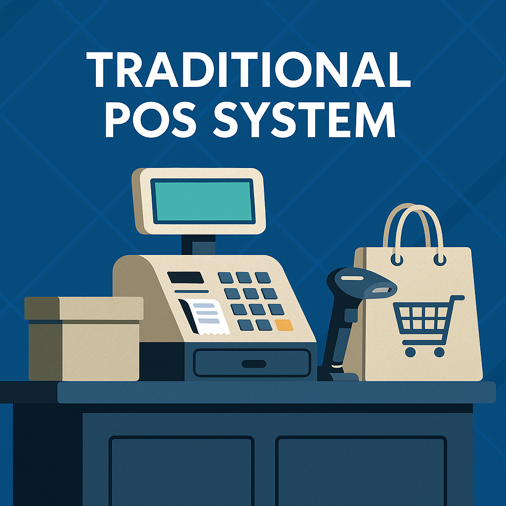 Illustration showing a traditional POS system with old hardware and manual operations