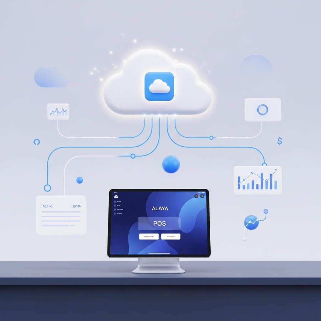 Cloud POS system illustration showing ALAYA POS connected to cloud-based analytics, sales, and inventory tools.